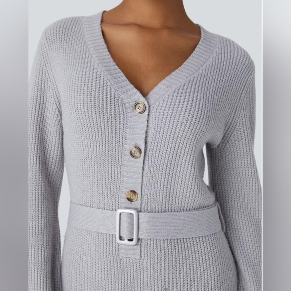 Halara V-neck Button Front Long Sleeve Belted Mini Sweater Dress - Picture 3 of 8